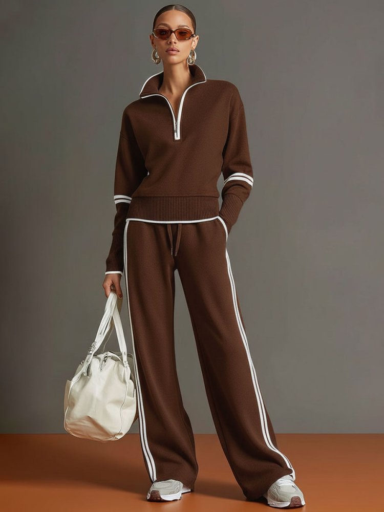 Women's Zip Top and Wide-Leg Pants Set – Soft Stretch Two-Piece Outfit