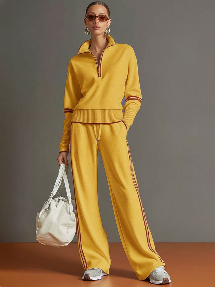 Women's Zip Top and Wide-Leg Pants Set – Soft Stretch Two-Piece Outfit
