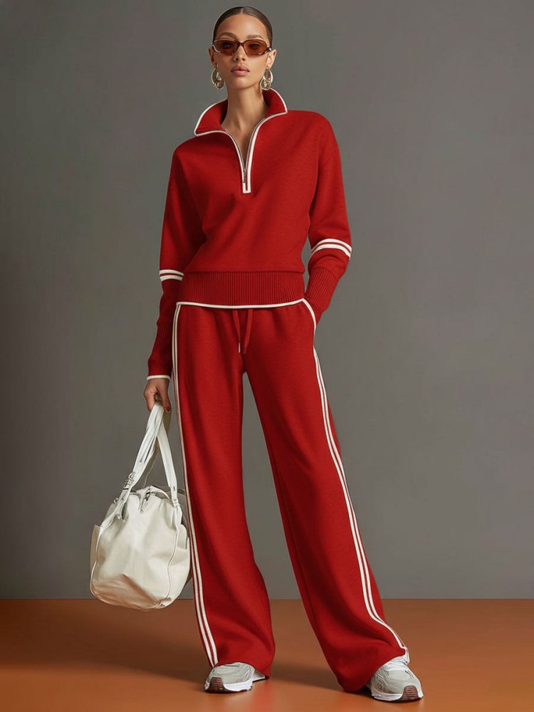 Women's Zip Top and Wide-Leg Pants Set – Soft Stretch Two-Piece Outfit