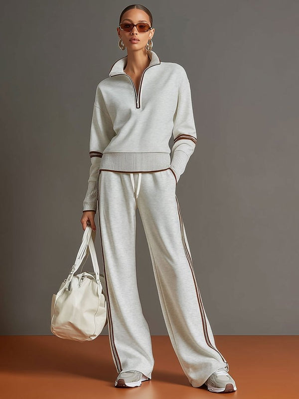 Women's Zip Top and Wide-Leg Pants Set – Soft Stretch Two-Piece Outfit