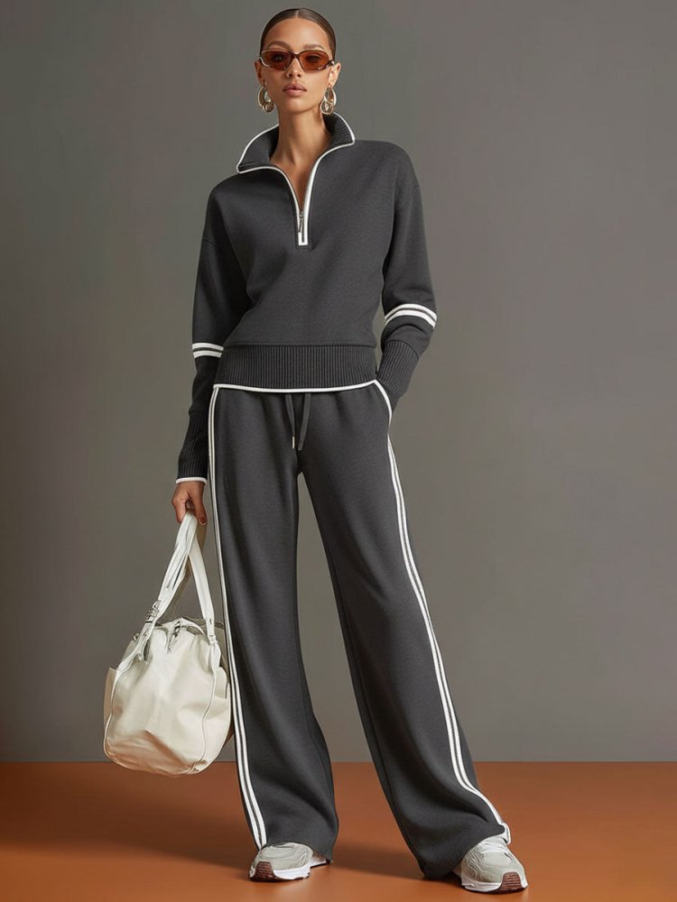 Women's Zip Top and Wide-Leg Pants Set – Soft Stretch Two-Piece Outfit