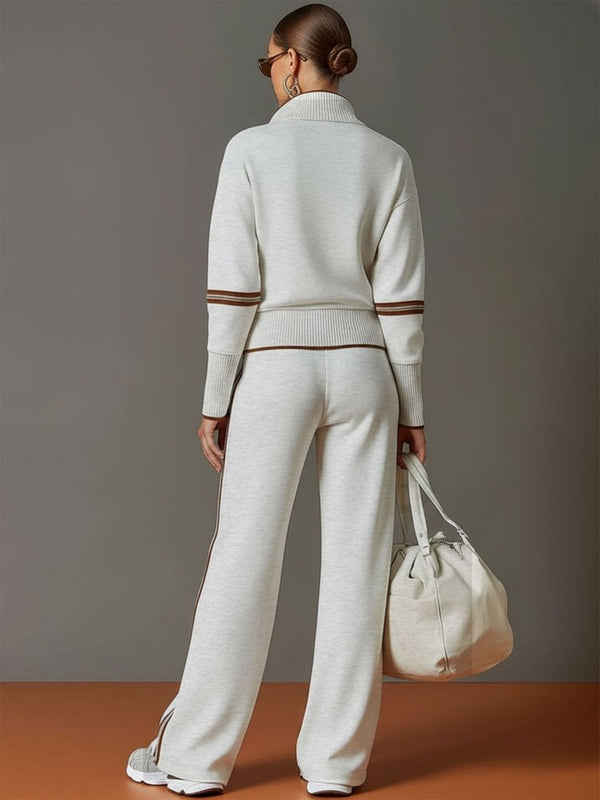 Women's Zip Top and Wide-Leg Pants Set – Soft Stretch Two-Piece Outfit