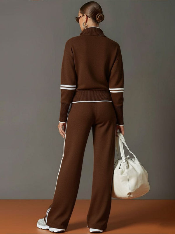 Women's Zip Top and Wide-Leg Pants Set – Soft Stretch Two-Piece Outfit