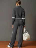 Women's Zip Top and Wide-Leg Pants Set – Soft Stretch Two-Piece Outfit