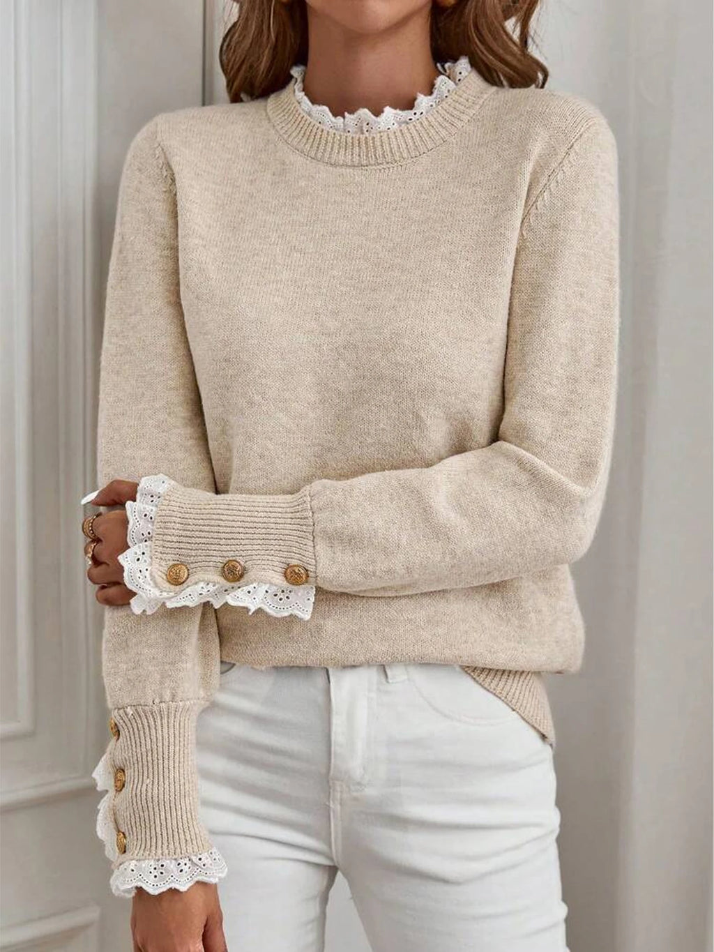 Ottilie | Women Lace Trim Round Neck Knit Sweater