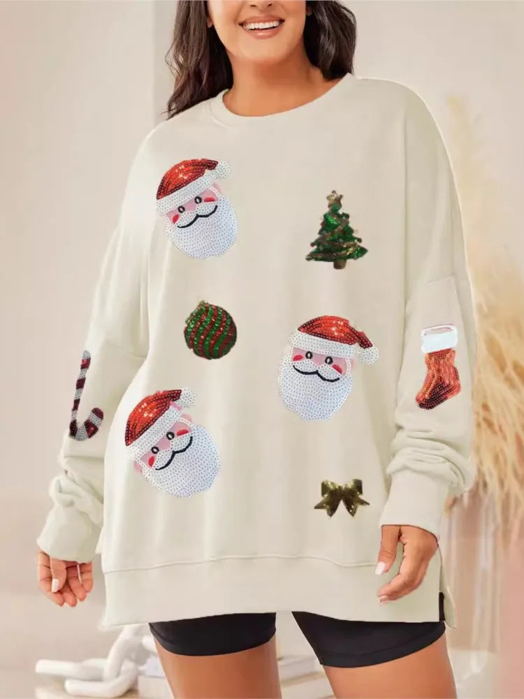 Nadia | Women Loose Fit Santa Print Crew Neck Christmas Sweatshirt