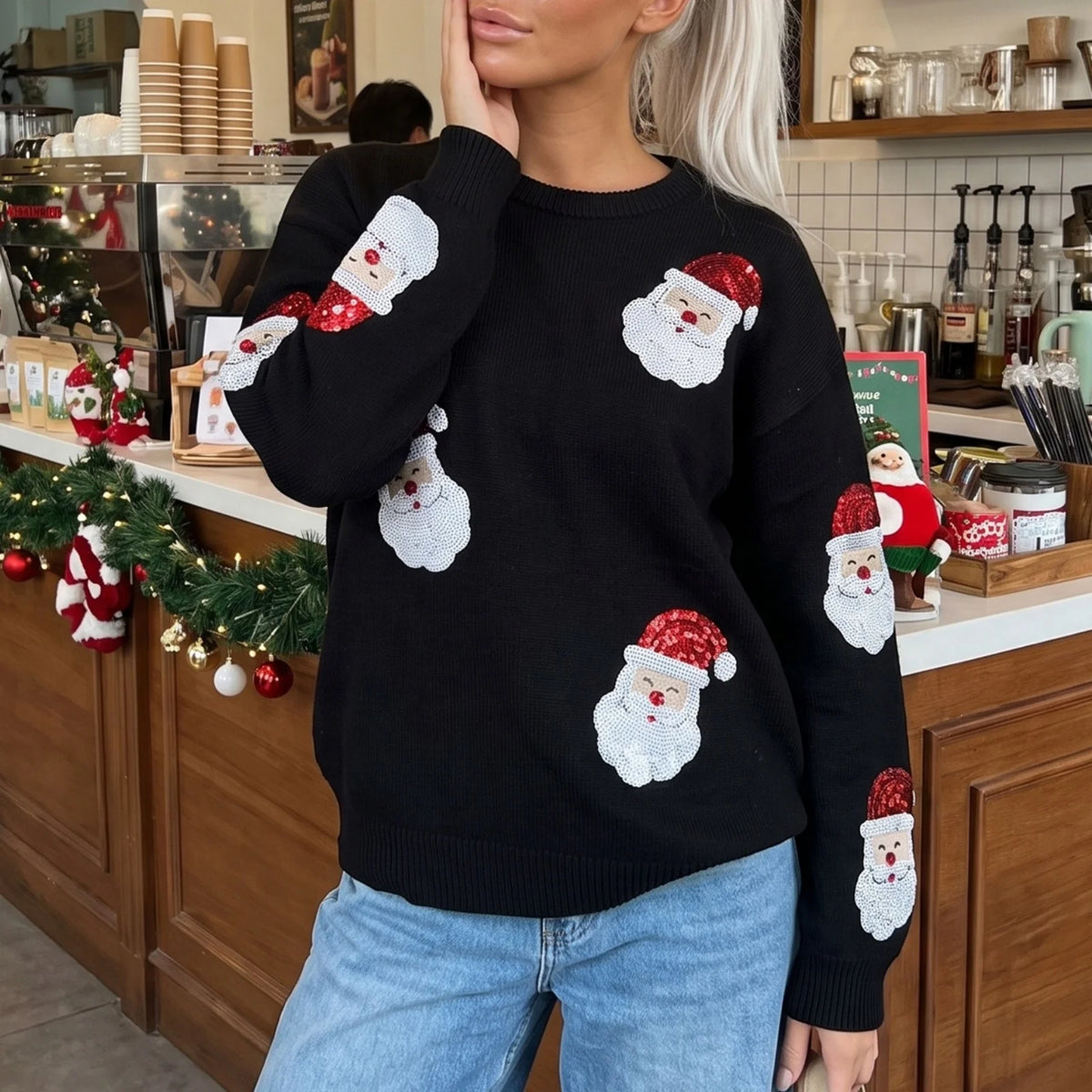 Odette | Women Sequin Santa Crew Neck Christmas Knit Sweater