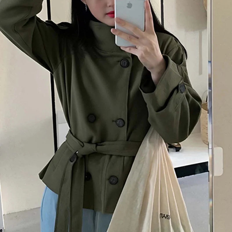 Women's Cropped Trench Coat - Chic Stand Collar Double-Breasted Belted Jacket