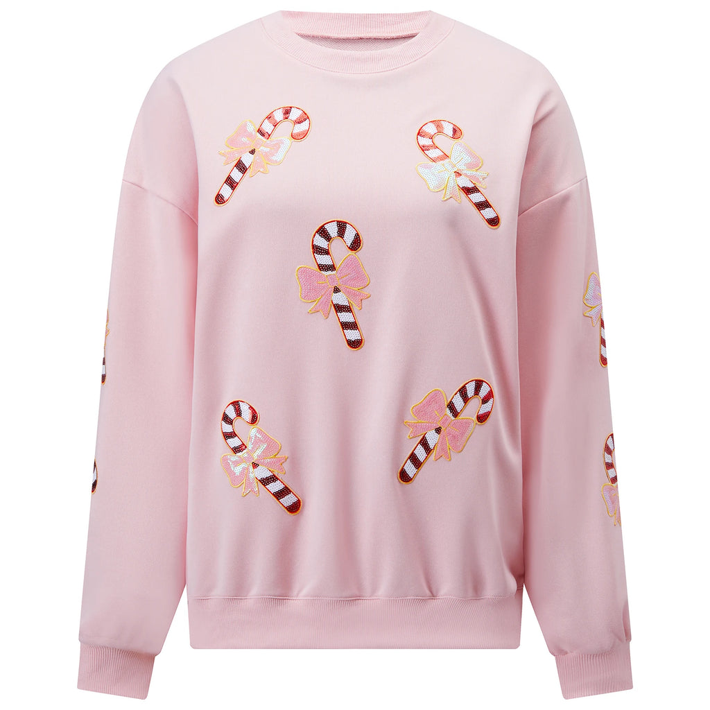 Matilda | Women Sequin Candy Cane Patch Christmas Sweatshirt