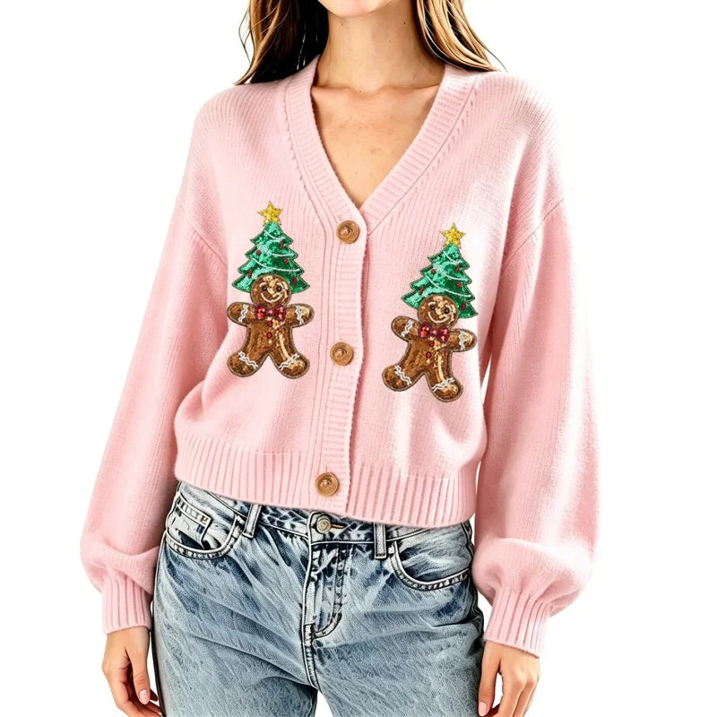 Elsie | Women Santa Print Sleeveless Button Knit Cardigan Vest