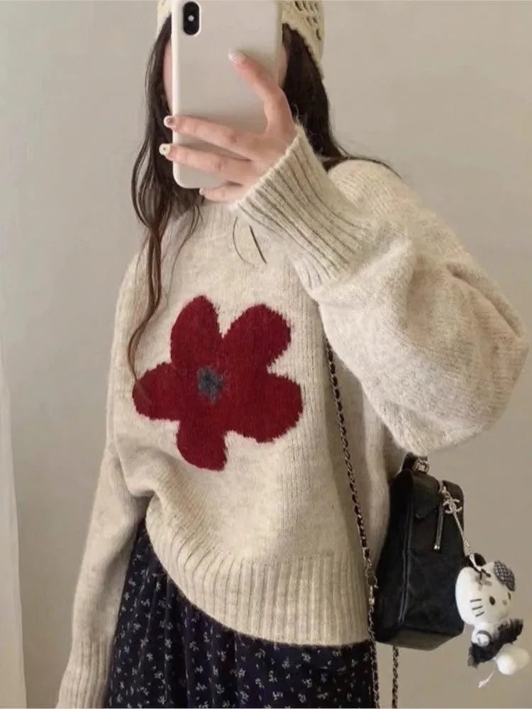 Women's Sweet Floral Print Knit Sweater - Casual Loose Fall Pullover
