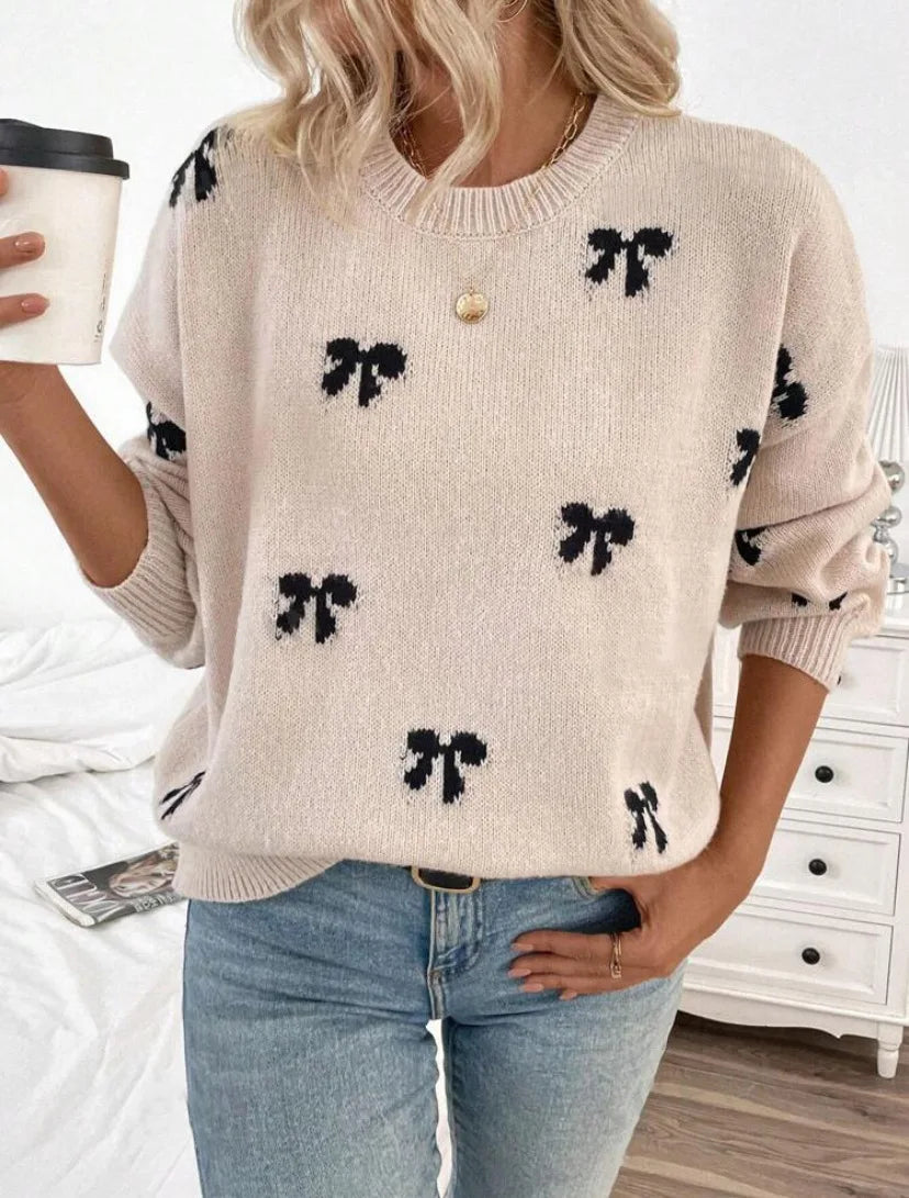 Women's Sweet Bow Jacquard Knit Sweater - Casual Loose Crewneck Pullover
