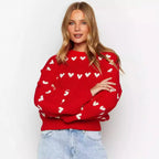 Women's Two-Tone Heart Jacquard Knit Sweater - Cute O-Neck Trendy Pullover