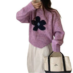 Women's Sweet Floral Print Knit Sweater - Casual Loose Fall Pullover