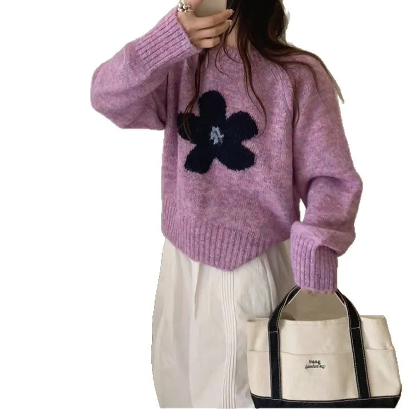 Women's Sweet Floral Print Knit Sweater - Casual Loose Fall Pullover