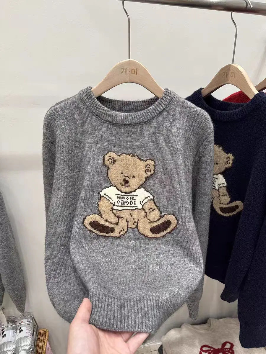 Women's Vintage Cartoon Bear Embroidered Knit Sweater - Harajuku Crewneck Pullover