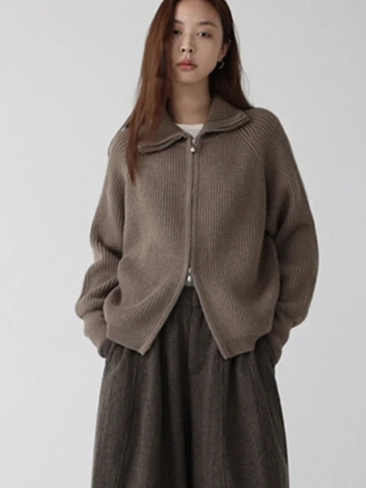 Astrid | Women Ribbed Double Zip Turtleneck Knit Cardigan