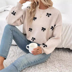 Women's Sweet Bow Jacquard Knit Sweater - Casual Loose Crewneck Pullover