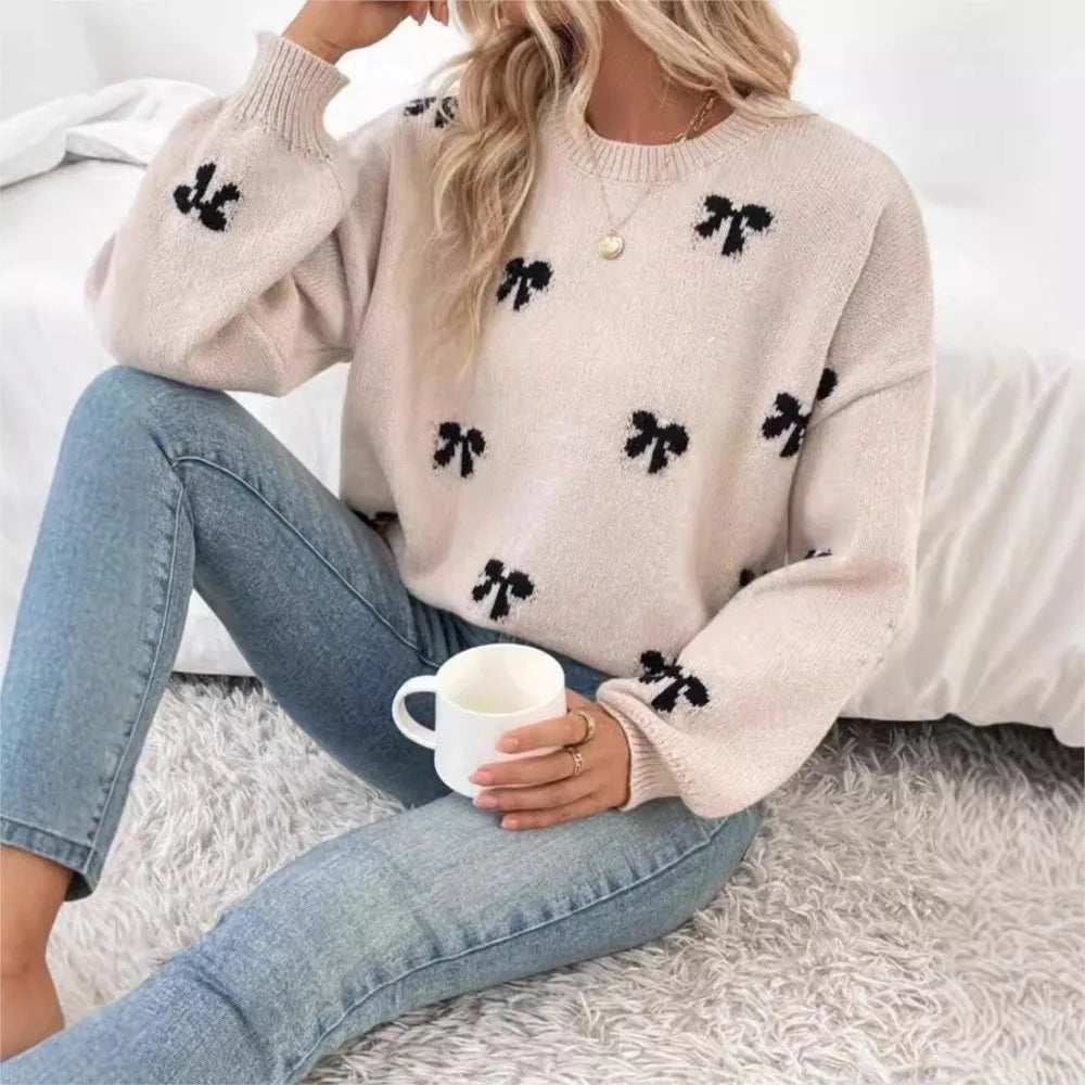 Women's Sweet Bow Jacquard Knit Sweater - Casual Loose Crewneck Pullover