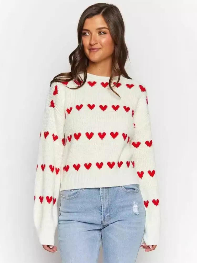 Women's Two-Tone Heart Jacquard Knit Sweater - Cute O-Neck Trendy Pullover