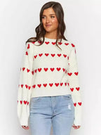 Women's Two-Tone Heart Jacquard Knit Sweater - Cute O-Neck Trendy Pullover