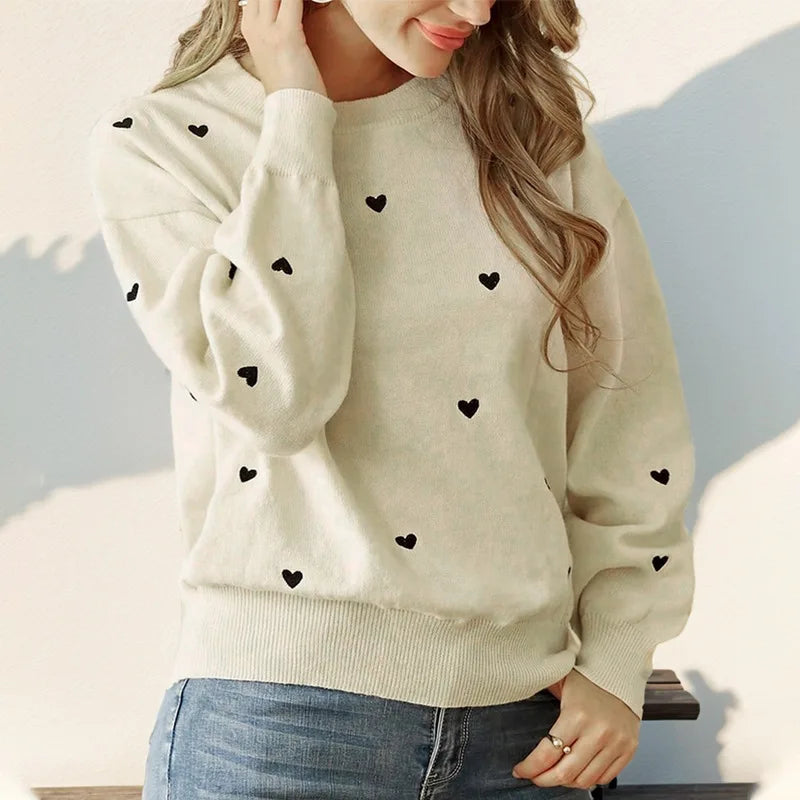 Women's Elegant Heart Jacquard Knit Sweater - Versatile Office Crewneck Pullover