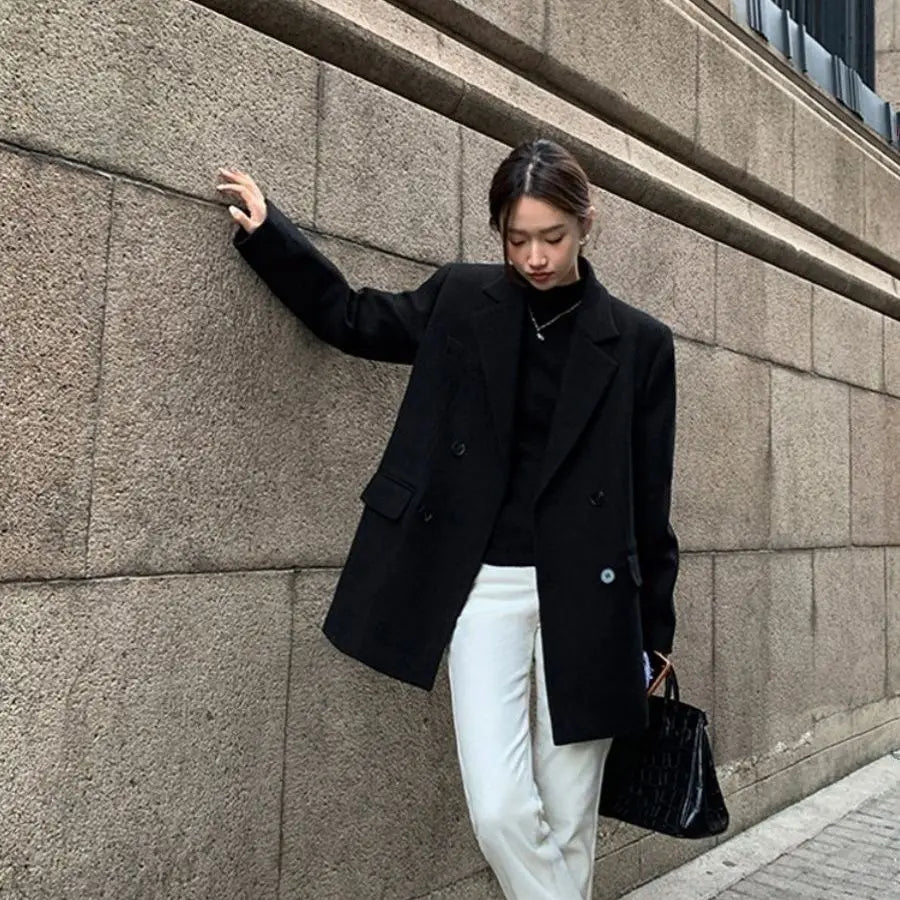 Women's British Style Thick Woolen Coat - Retro Loose Blazer Outcoat