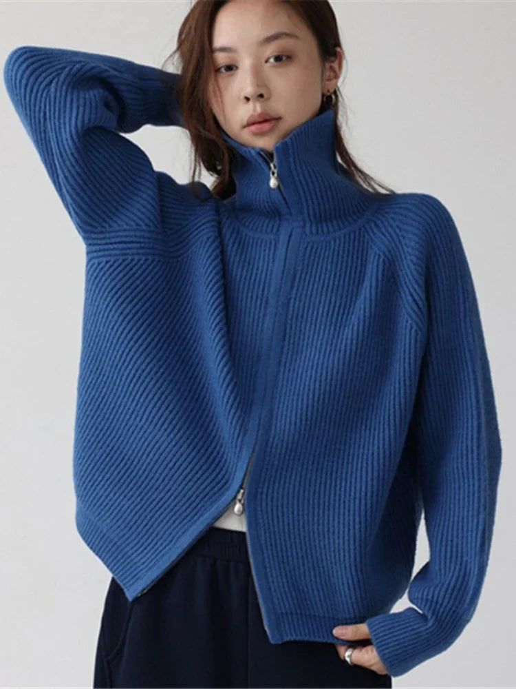 Astrid | Women Ribbed Double Zip Turtleneck Knit Cardigan