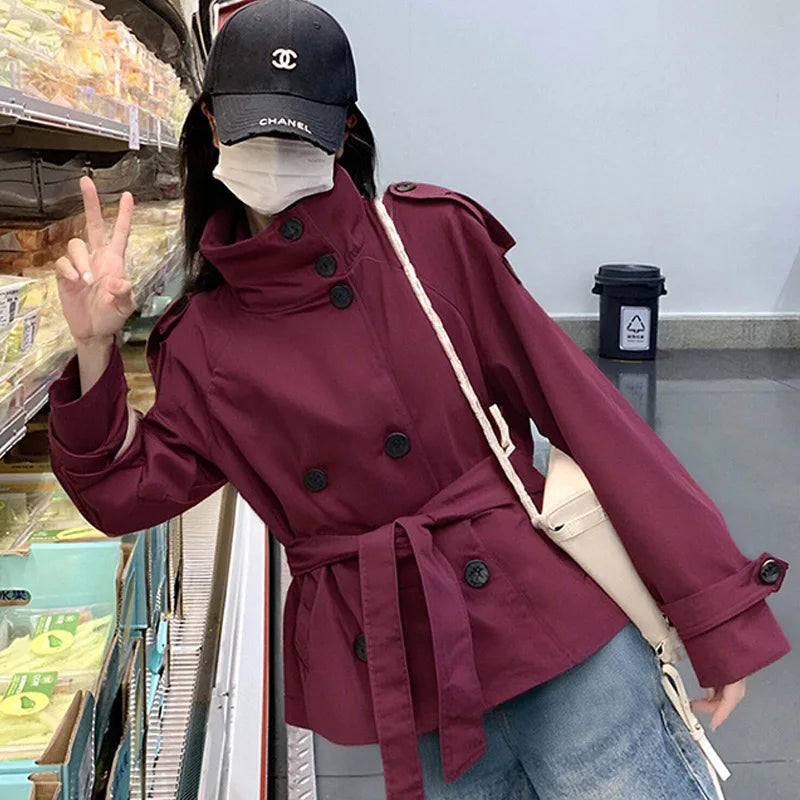 Women's Cropped Trench Coat - Chic Stand Collar Double-Breasted Belted Jacket