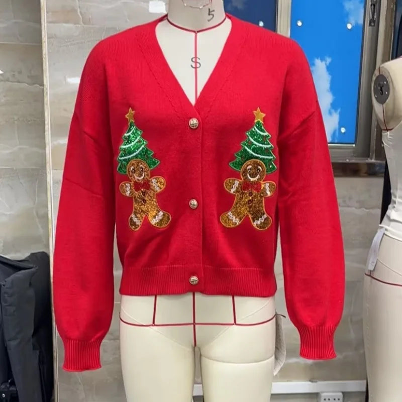 Elsie | Women Santa Print Sleeveless Button Knit Cardigan Vest