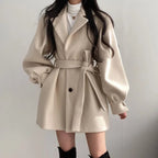 Women's Vintage Lantern Sleeve Woolen Coat - Single-Breasted Belted Winter Overcoat