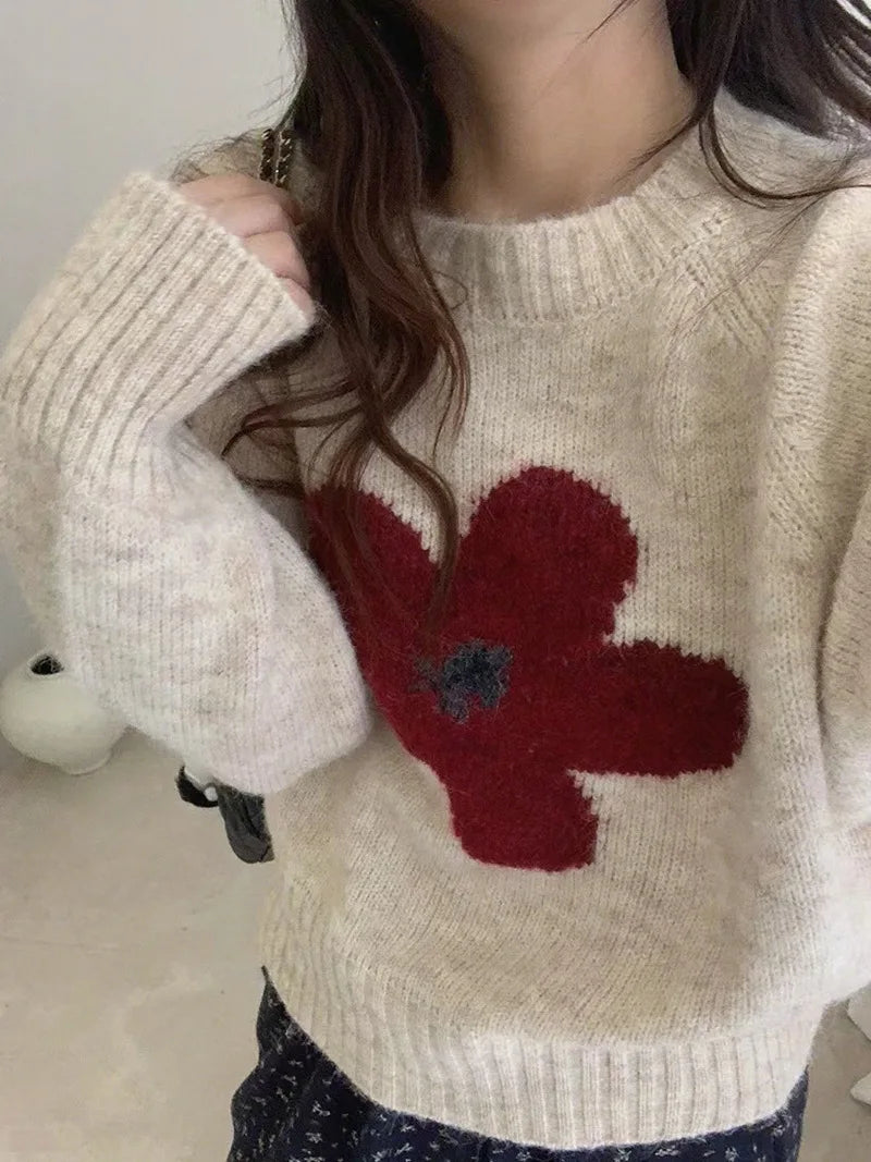 Women's Sweet Floral Print Knit Sweater - Casual Loose Fall Pullover