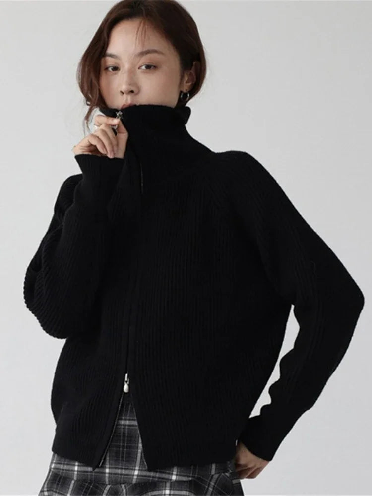 Astrid | Women Ribbed Double Zip Turtleneck Knit Cardigan