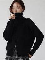 Astrid | Women Ribbed Double Zip Turtleneck Knit Cardigan