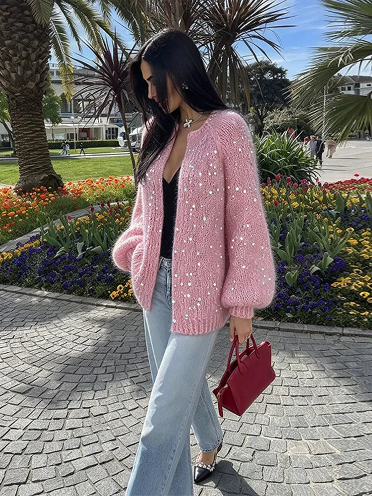Ines | Women Loose Sequin Knit Cardigan