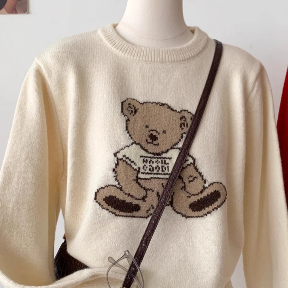 Women's Vintage Cartoon Bear Embroidered Knit Sweater - Harajuku Crewneck Pullover