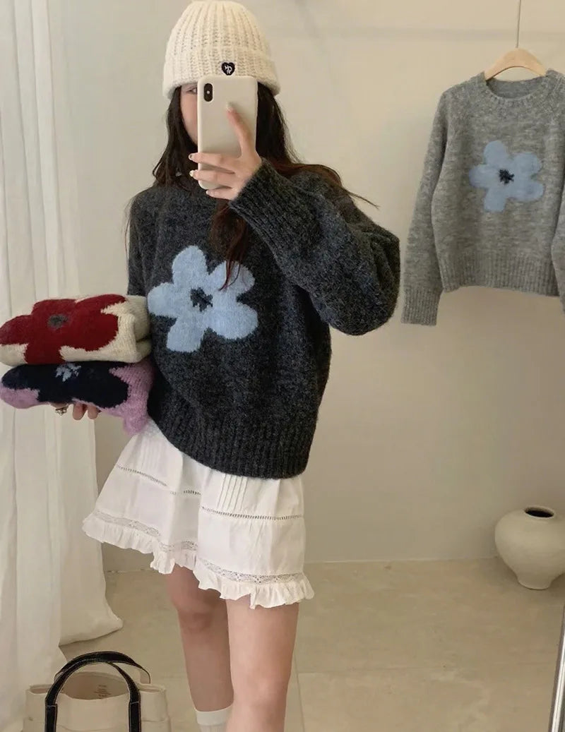 Women's Sweet Floral Print Knit Sweater - Casual Loose Fall Pullover