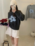 Women's Sweet Floral Print Knit Sweater - Casual Loose Fall Pullover