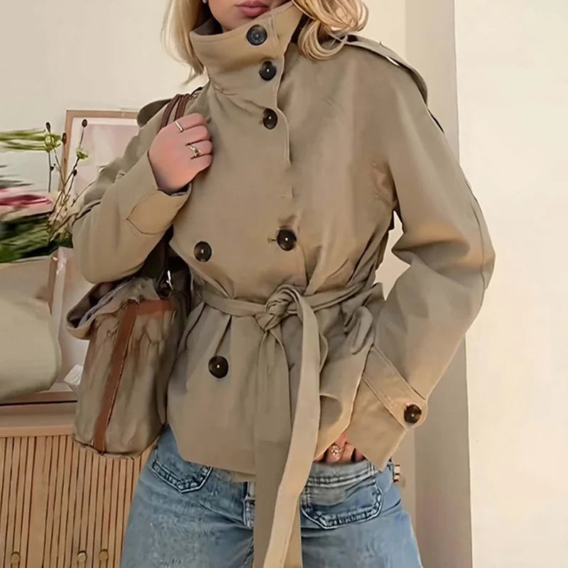 Women's Cropped Trench Coat - Chic Stand Collar Double-Breasted Belted Jacket