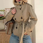 Women's Cropped Trench Coat - Chic Stand Collar Double-Breasted Belted Jacket