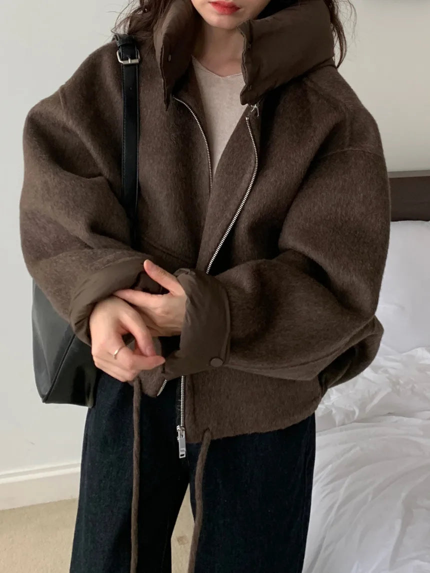 Women's Thick Warm Hooded Outwear - Cozy Solid Zip Woolen Coat