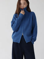 Astrid | Women Ribbed Double Zip Turtleneck Knit Cardigan