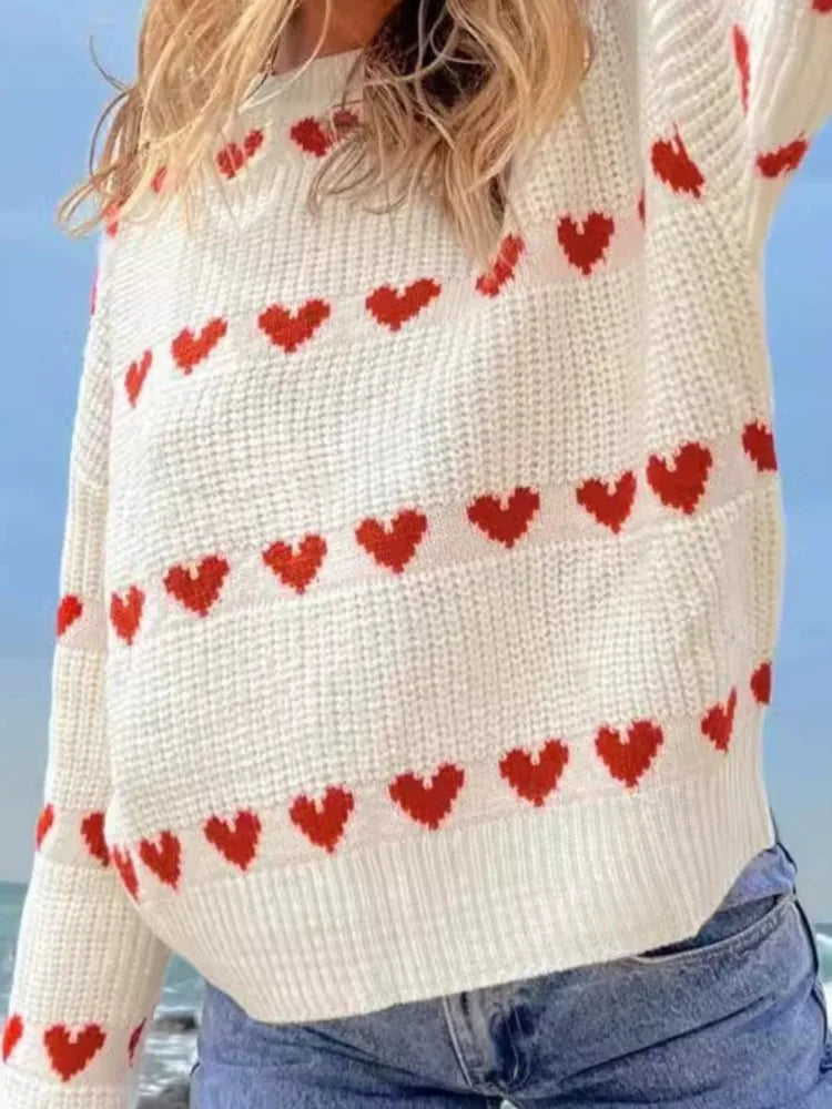 Women's Two-Tone Heart Jacquard Knit Sweater - Cute O-Neck Trendy Pullover