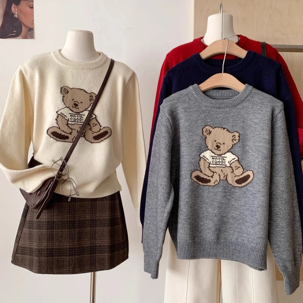 Women's Vintage Cartoon Bear Embroidered Knit Sweater - Harajuku Crewneck Pullover