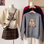 Women's Vintage Cartoon Bear Embroidered Knit Sweater - Harajuku Crewneck Pullover