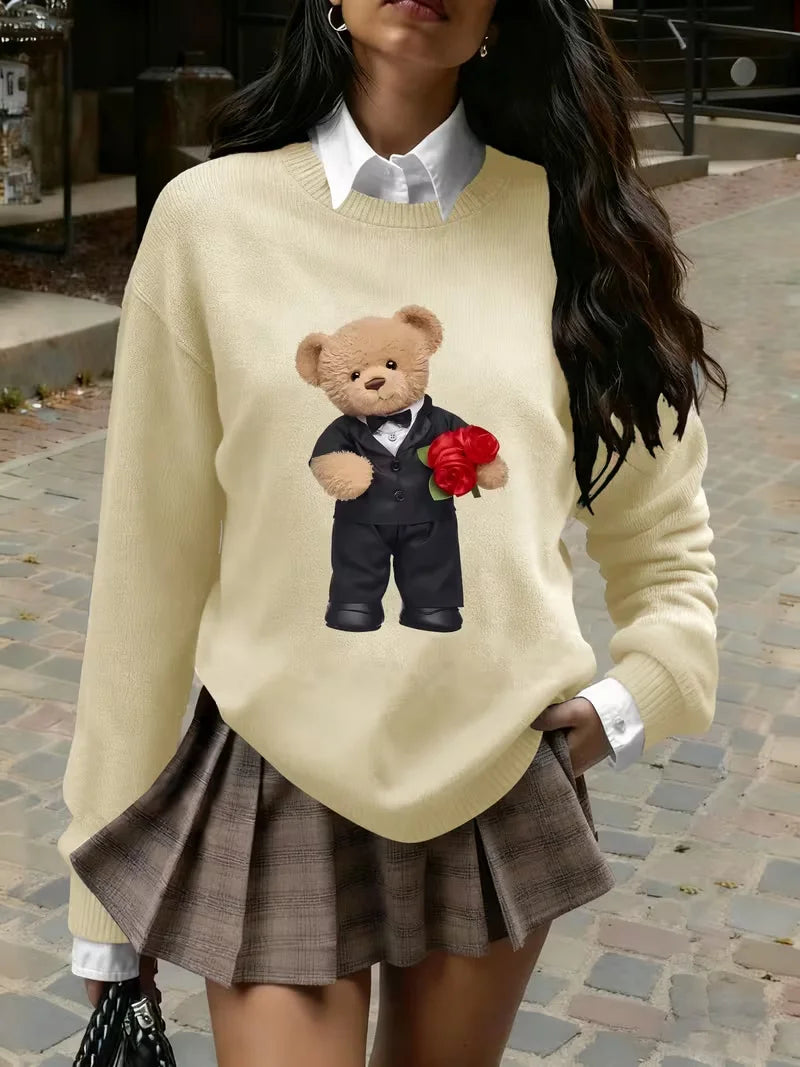 Women's Cute Bear Print Knit Sweater - Heavyweight Crewneck Pullover