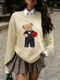 Women's Cute Bear Print Knit Sweater - Heavyweight Crewneck Pullover