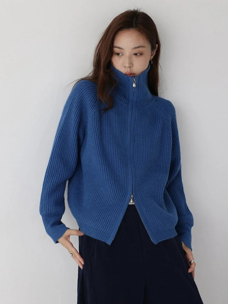 Astrid | Women Ribbed Double Zip Turtleneck Knit Cardigan