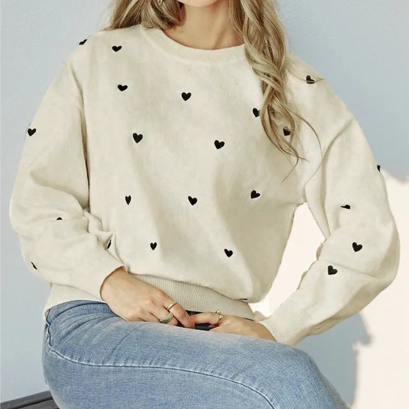 Women's Elegant Heart Jacquard Knit Sweater - Versatile Office Crewneck Pullover