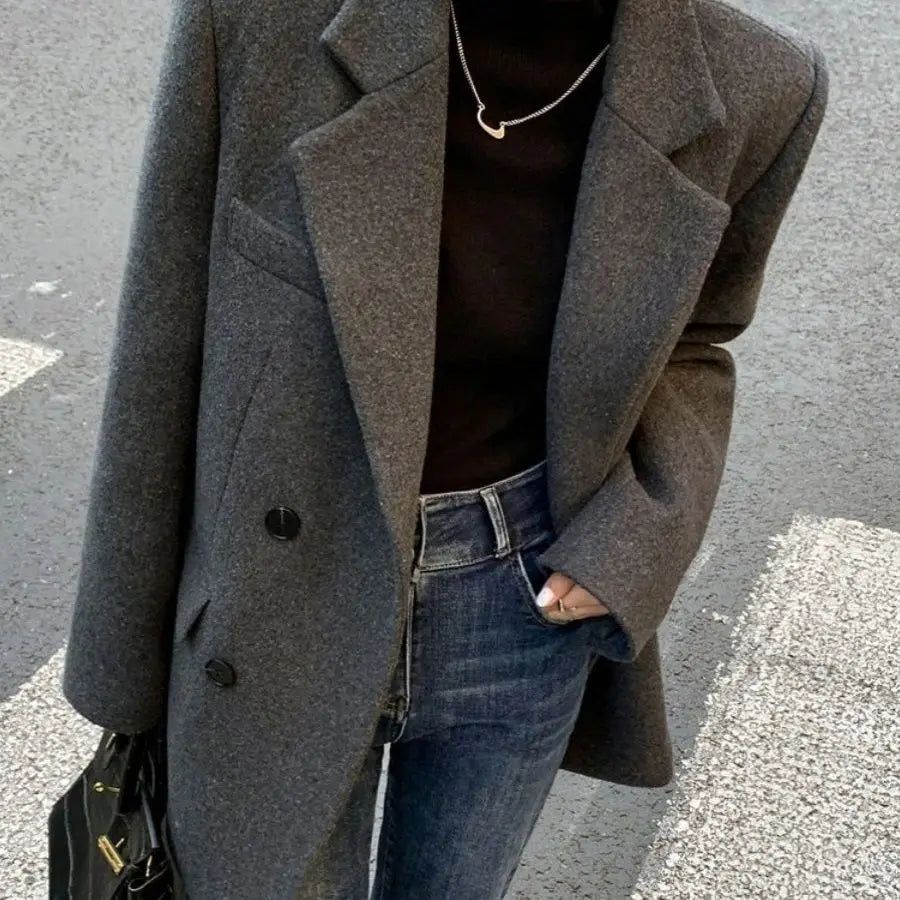 Women's British Style Thick Woolen Coat - Retro Loose Blazer Outcoat